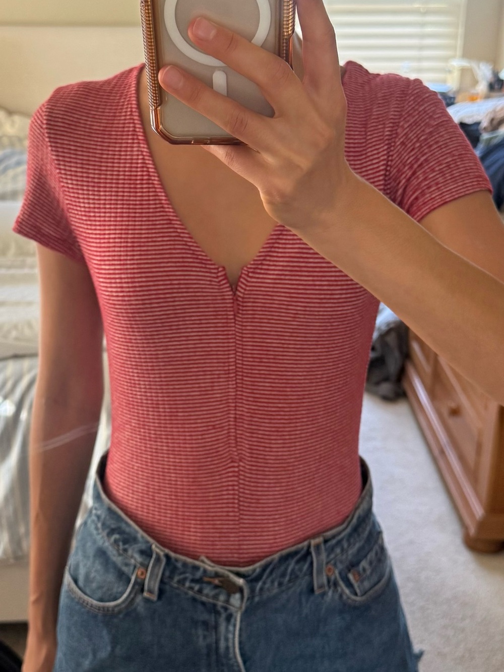 Out from under Women’s Red Striped V-Neck zip up  Bodysuit